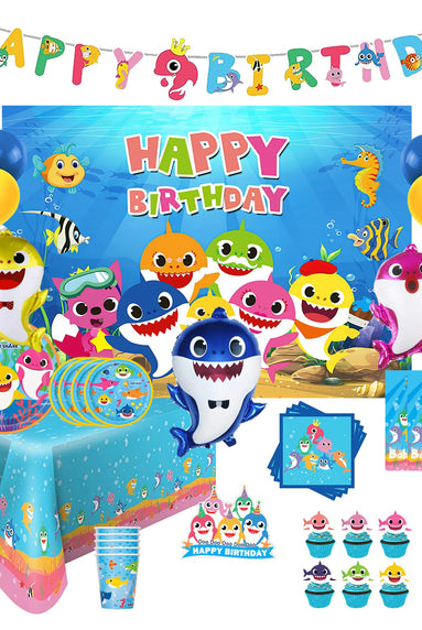 i-emporium Baby Shark Birthday Party Supplies 203-Piece Kit for 16 Guests - Complete Decorations Set with Backdrop