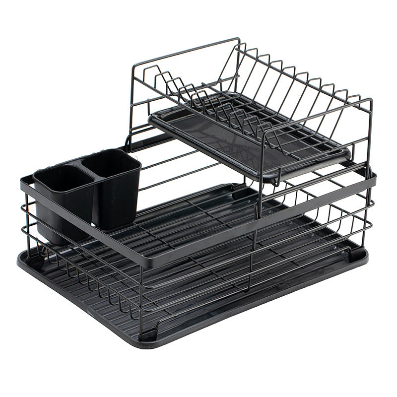 i-emporium Dish Drying Rack 2 Tier with Utensil Holder & Drip Tray Black