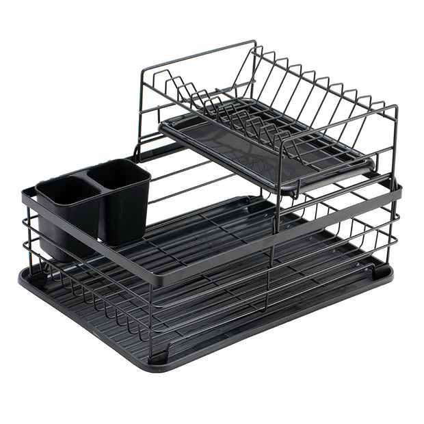 i-emporium Dish Drying Rack 2 Tier with Utensil Holder & Drip Tray Black