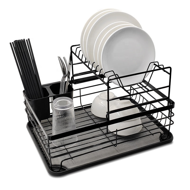 i-emporium Dish Drying Rack 2 Tier with Utensil Holder & Drip Tray Black