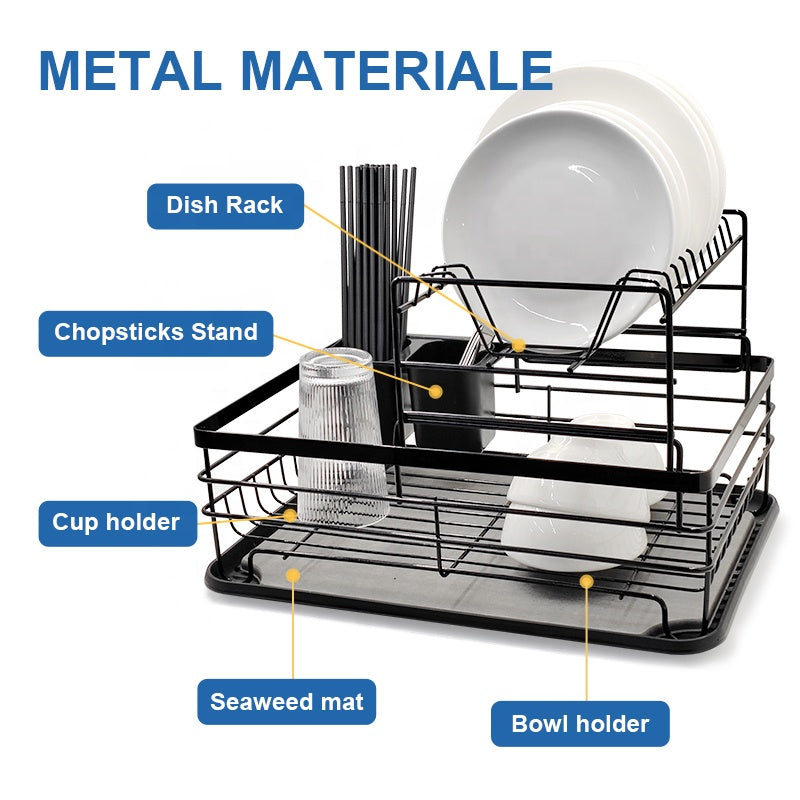 i-emporium Dish Drying Rack 2 Tier with Utensil Holder & Drip Tray Black