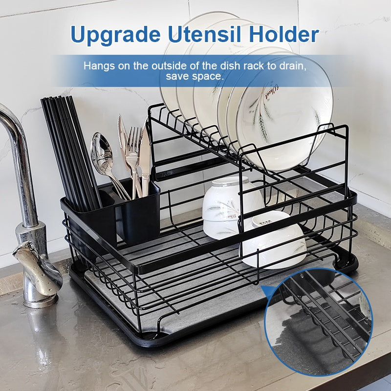 i-emporium Dish Drying Rack 2 Tier with Utensil Holder & Drip Tray Black