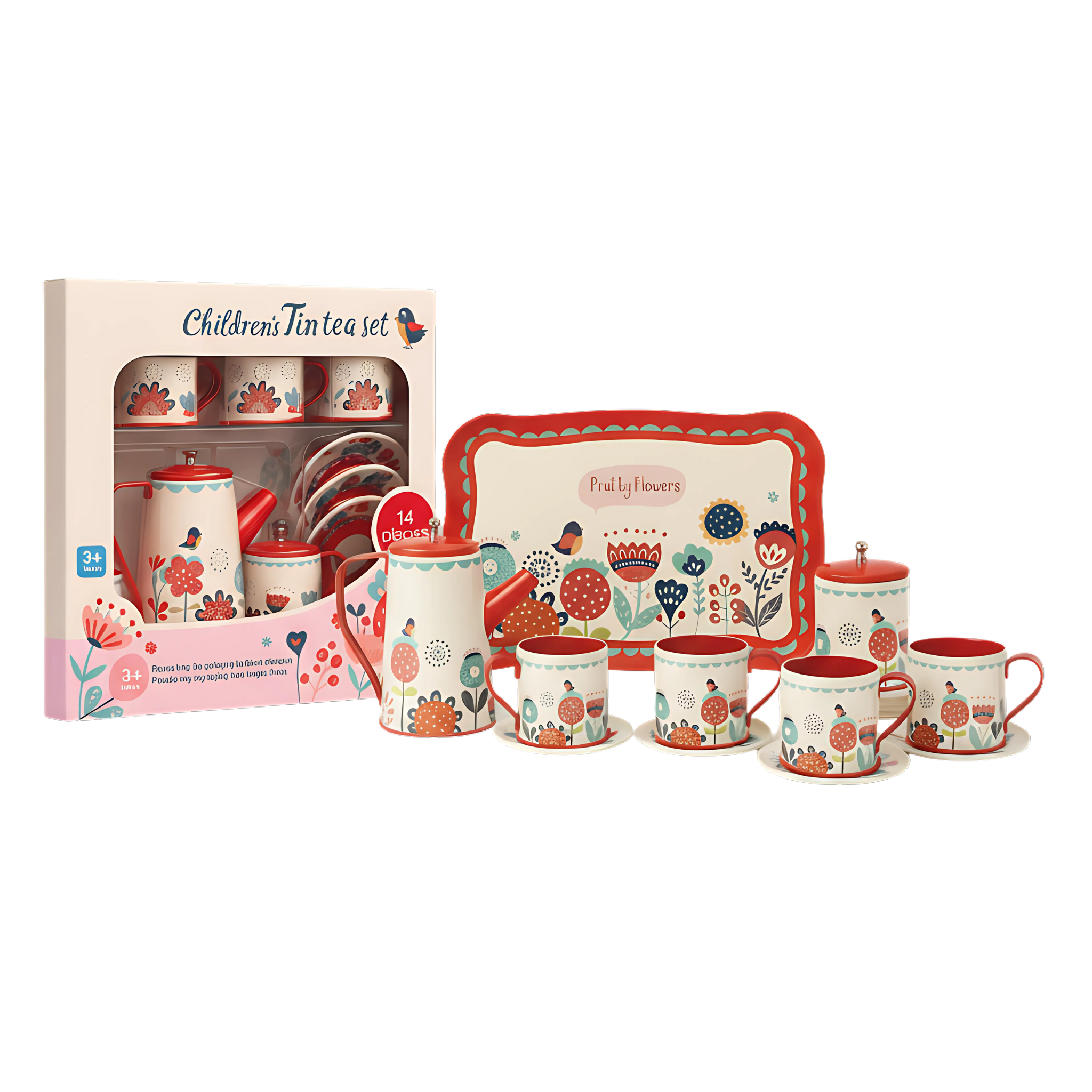 i-emporium Kids Pretend Play Tea Set Red 14-Piece Kitchen Toys