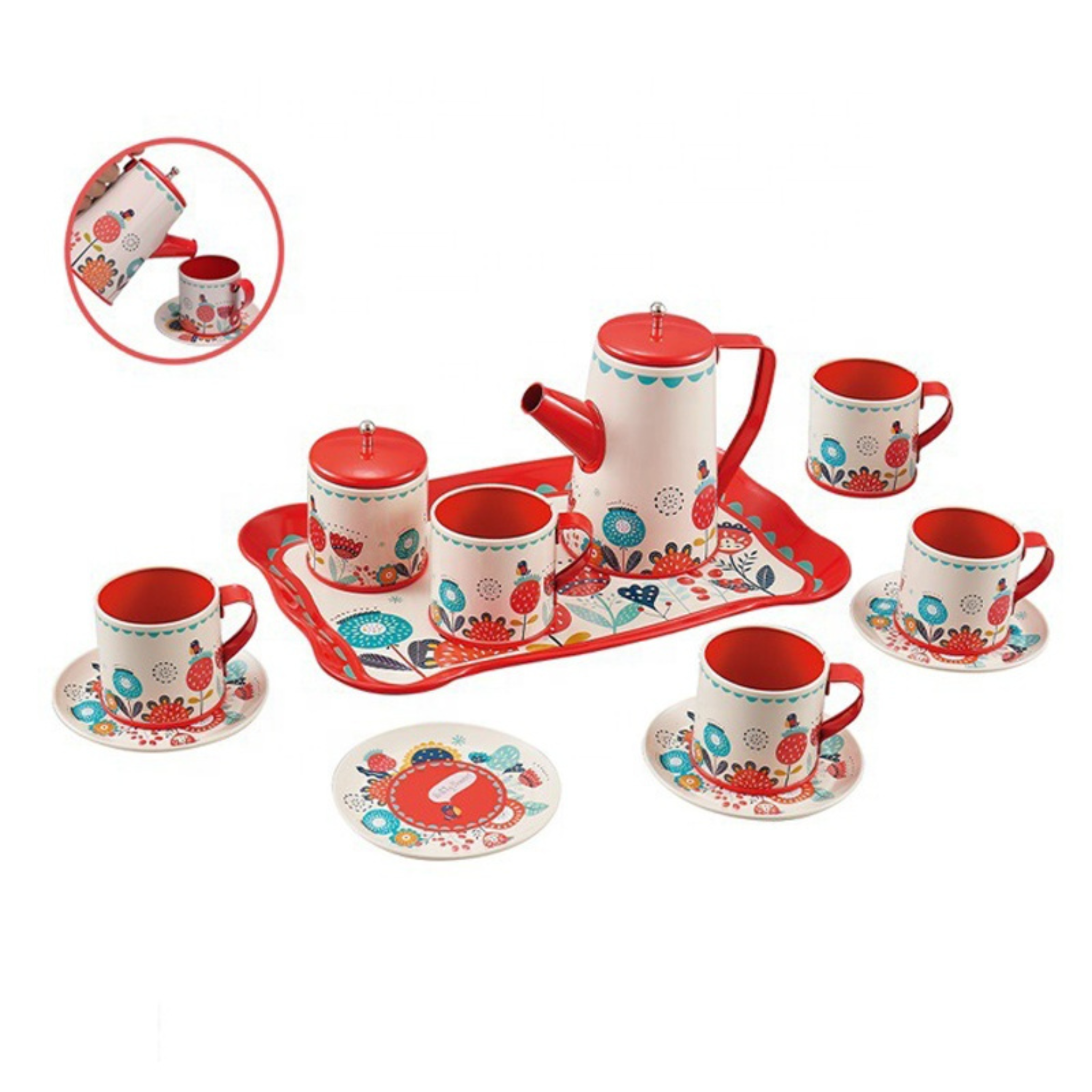 i-emporium Kids Pretend Play Tea Set Red 14-Piece Kitchen Toys