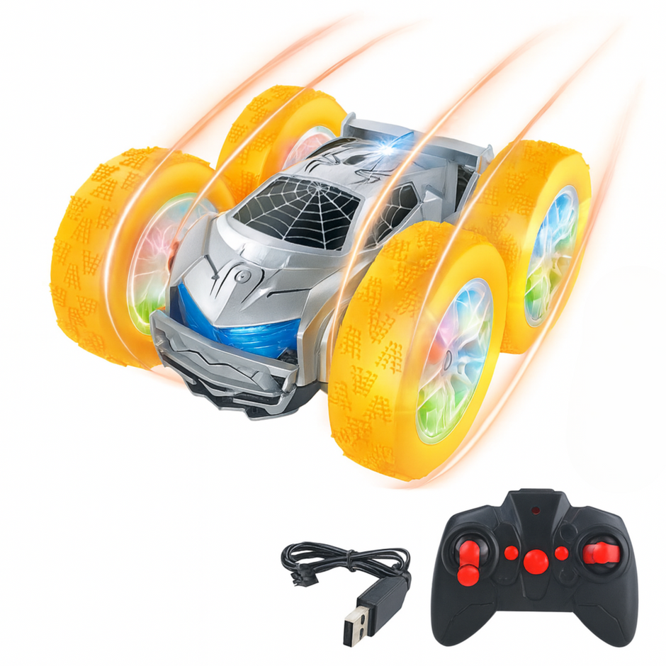 i-emporium 360 Double-Sided RC Stunt Car with LED Lights - Superhero Style