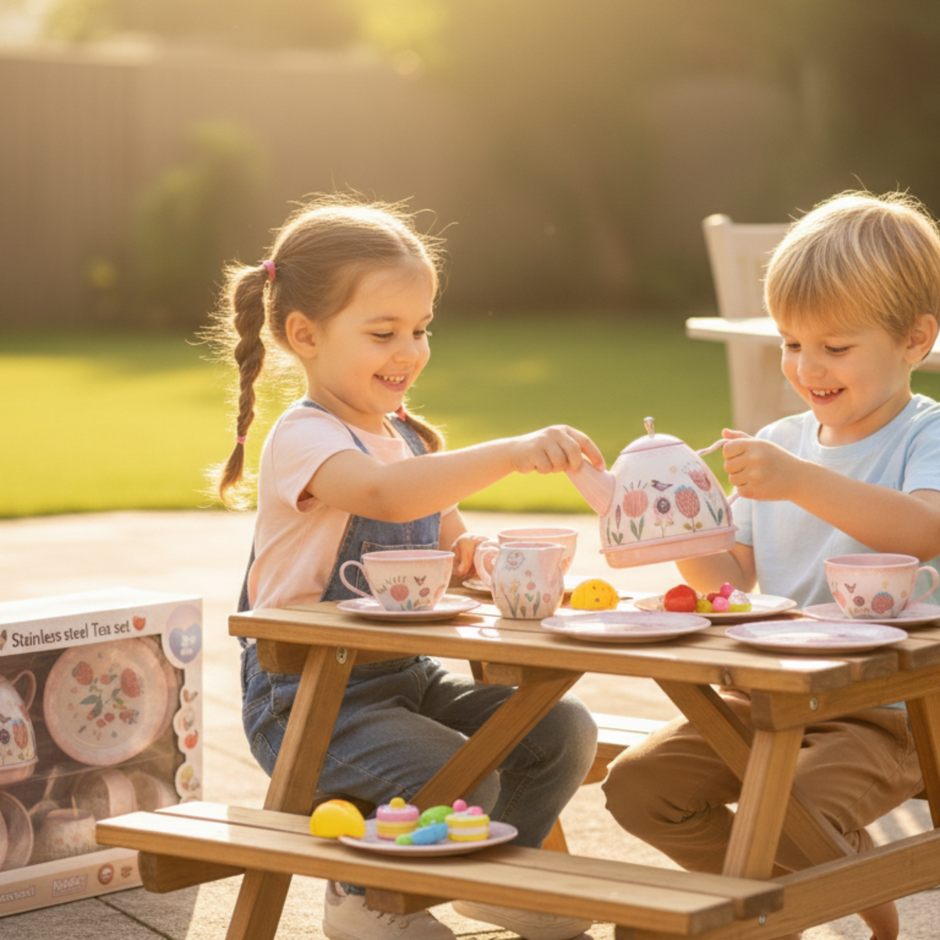 i-emporium Kids Pretend Play Tea Set - Stainless Steel Toy Tea Party Gift 14 Piece