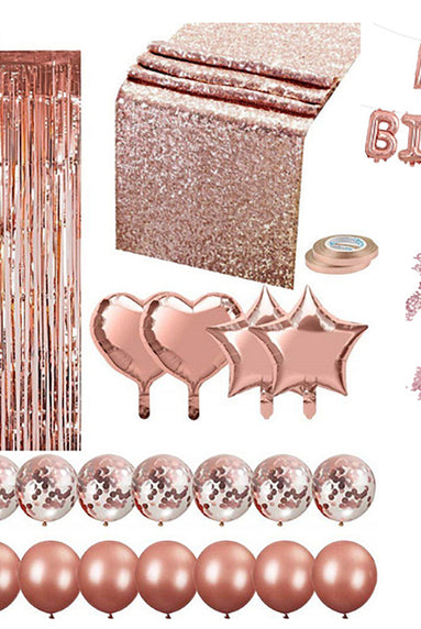 i-emporium Rose Gold Balloons Table Runner Party Pack - Happy Birthday Set - 31 Pieces