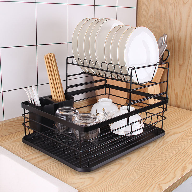 i-emporium Dish Drying Rack 2 Tier with Utensil Holder & Drip Tray Black