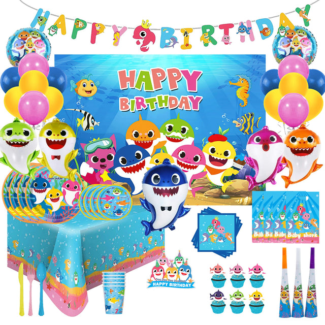 i-emporium Baby Shark Birthday Party Supplies 203-Piece Kit for 16 Guests - Complete Decorations Set with Backdrop