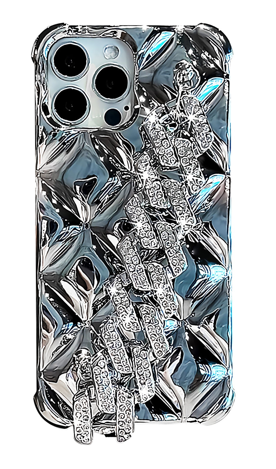 Glitter Diamond iPhone Case with Wrist Strap – Bling Rhinestone Silver