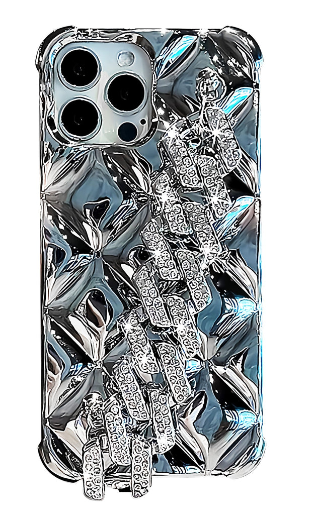 Glitter Diamond iPhone Case with Wrist Strap – Bling Rhinestone Silver