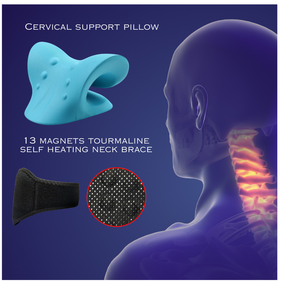 i-emporium - Cervical Traction Pillow & 13-Point Tourmaline Magnetic Self-Heating Neck Wrap