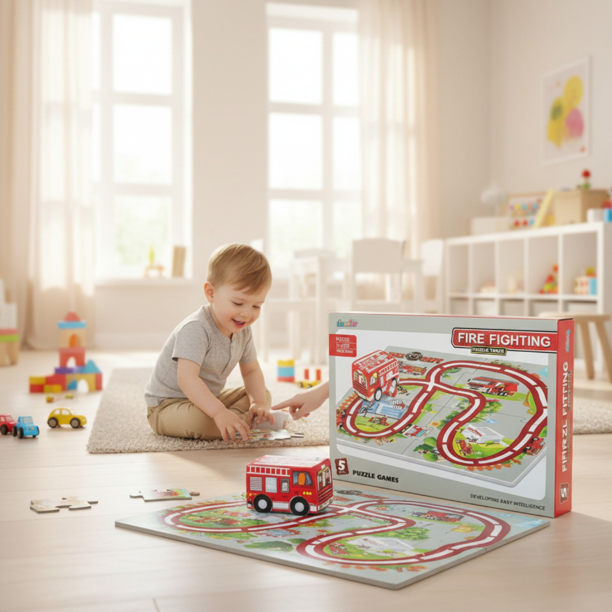 i-emporium DIY Fire Fighting Puzzle Track Set - Wind-Up Fire Truck Educational Toy