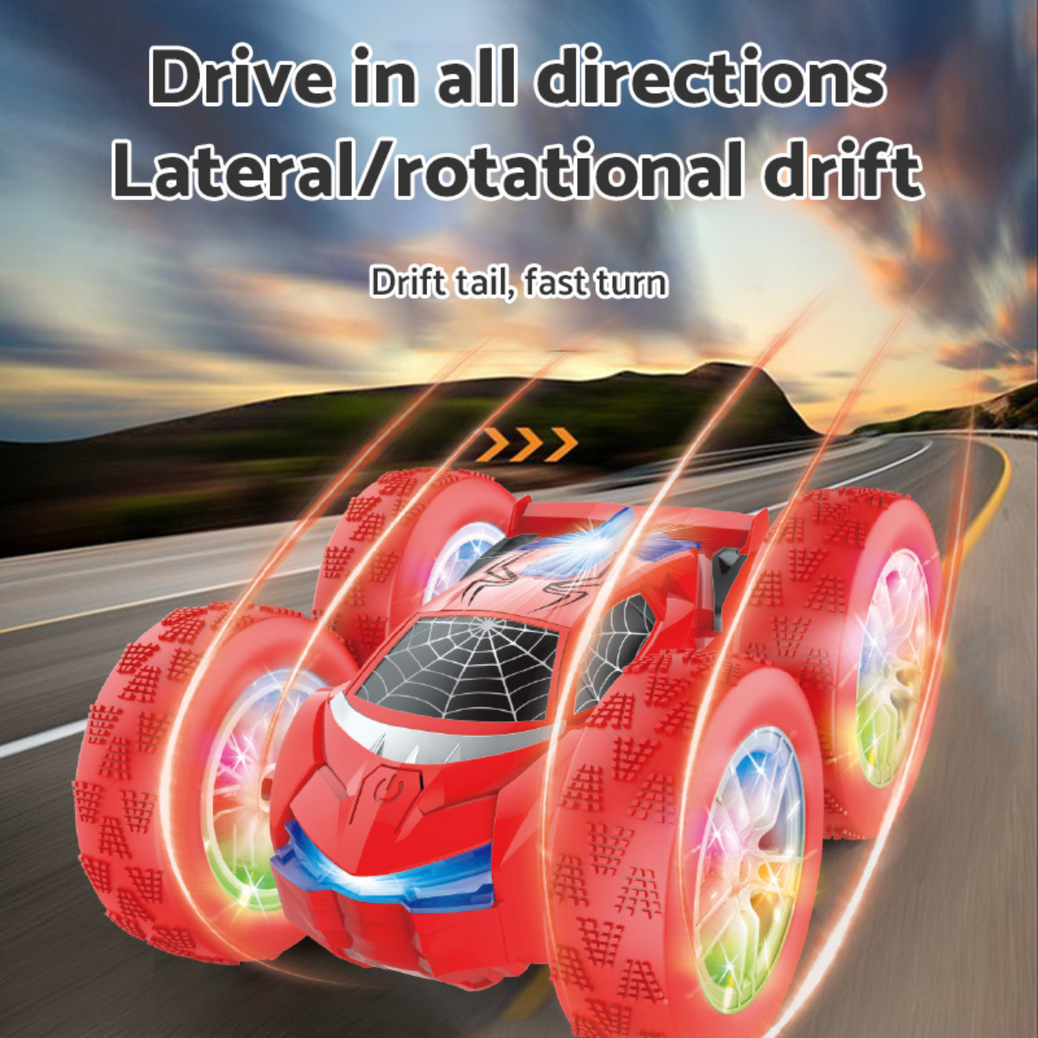 i-emporium 360 Double-Sided RC Stunt Car with LED Lights - Superhero Style