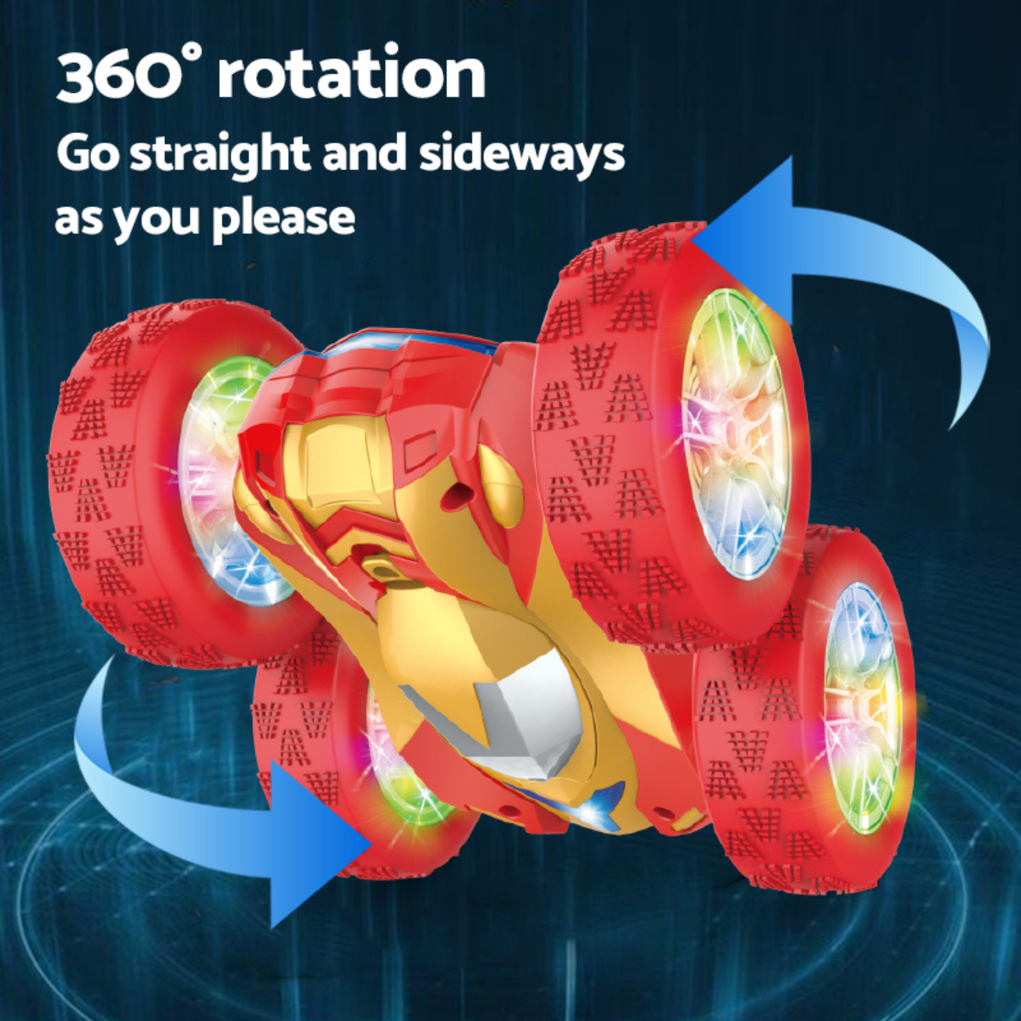 i-emporium 360 Double-Sided RC Stunt Car with LED Lights - Superhero Style