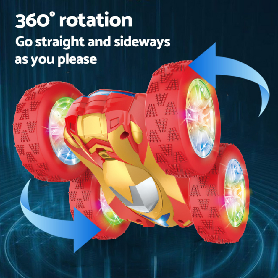i-emporium 360 Double-Sided RC Stunt Car with LED Lights - Superhero Style