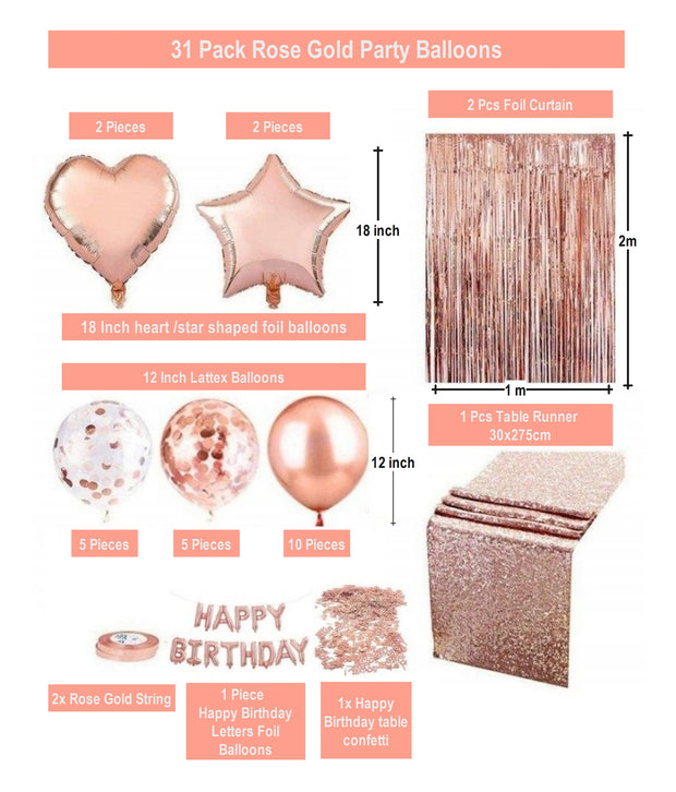 i-emporium Rose Gold Balloons Table Runner Party Pack - Happy Birthday Set - 31 Pieces