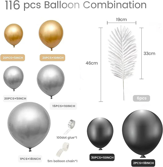 i-emporium Black and Gold Balloons Arch, Silver Balloon Arch and Garland | 116 Pieces