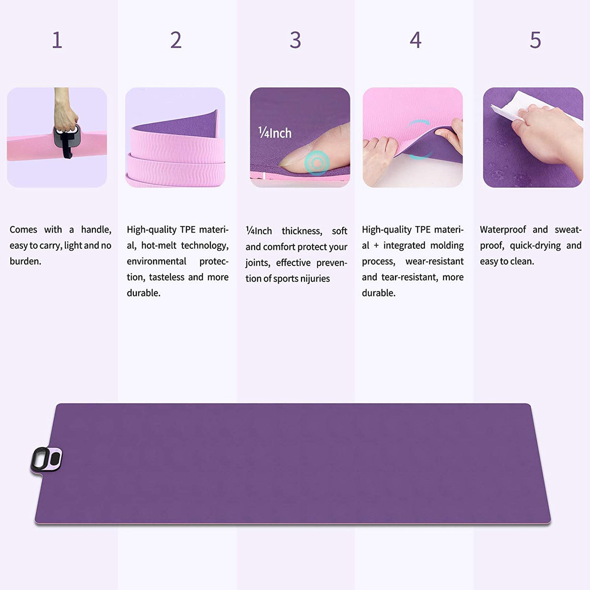 i-emporium TPE Yoga Mat - Exercise Fitness Mat with Timer and Phone Holder - Non-Slip - Purple, Pink