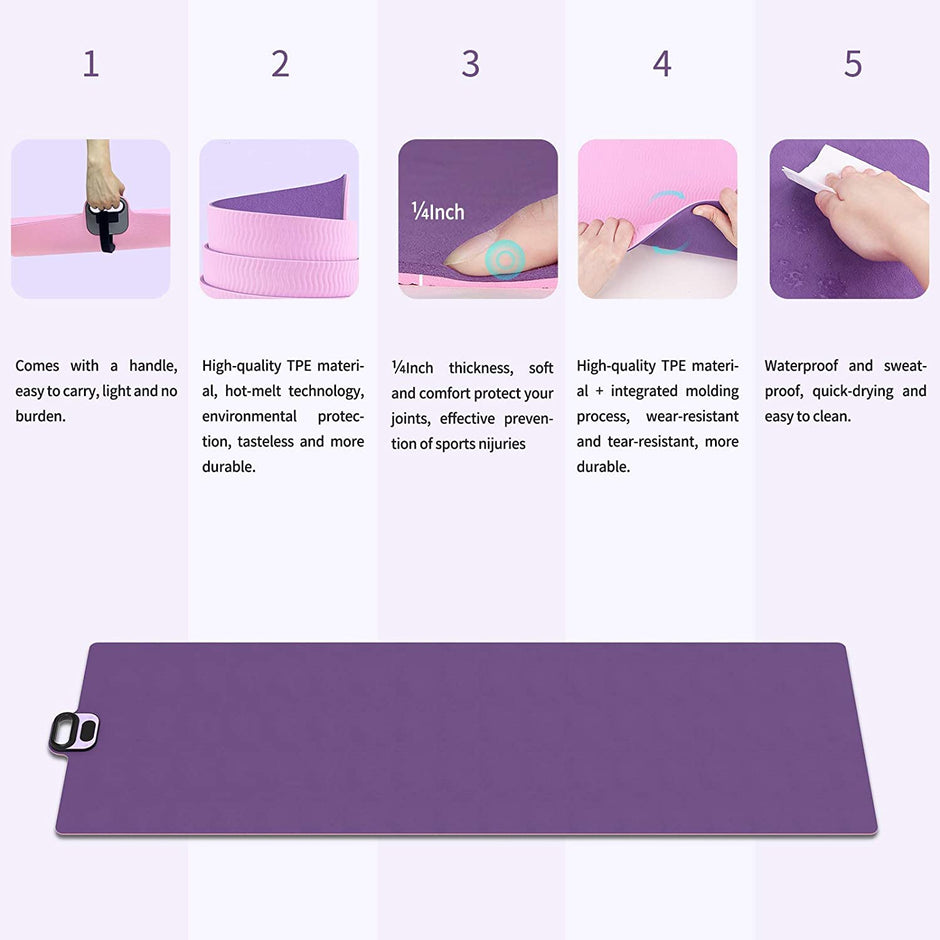 i-emporium TPE Yoga Mat - Exercise Fitness Mat with Timer and Phone Holder - Non-Slip - Purple, Pink
