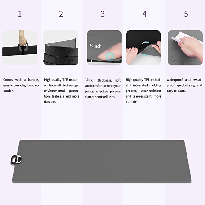 i-emporium TPE Yoga Mat - Exercise Fitness Mat with Timer and Phone Holder - Non-Slip - Black, Grey