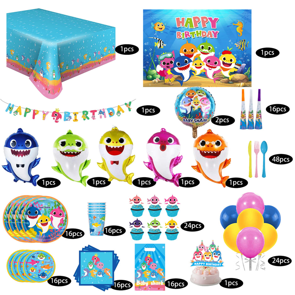 i-emporium Baby Shark Birthday Party Supplies 203-Piece Kit for 16 Guests - Complete Decorations Set with Backdrop