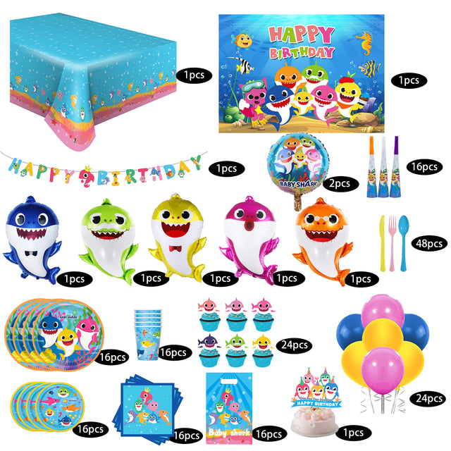 i-emporium Baby Shark Birthday Party Supplies 203-Piece Kit for 16 Guests - Complete Decorations Set with Backdrop