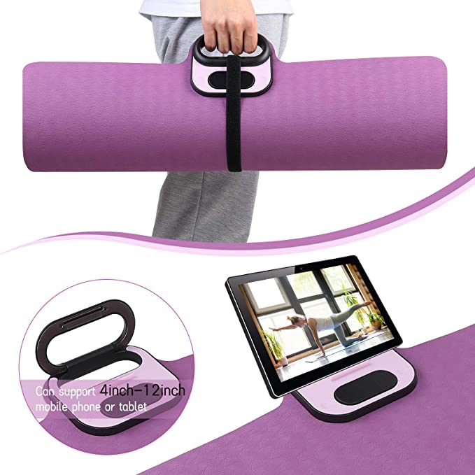 i-emporium TPE Yoga Mat - Exercise Fitness Mat with Timer and Phone Holder - Non-Slip - Purple, Pink