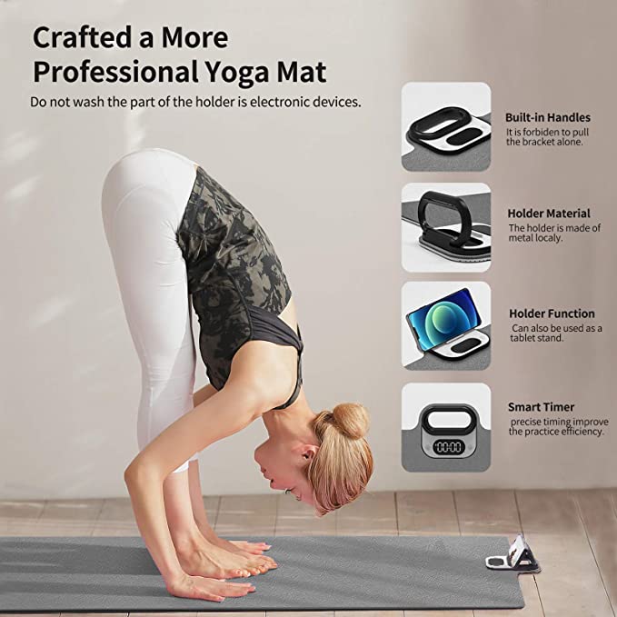 i-emporium TPE Yoga Mat - Exercise Fitness Mat with Timer and Phone Holder - Non-Slip - Black, Grey