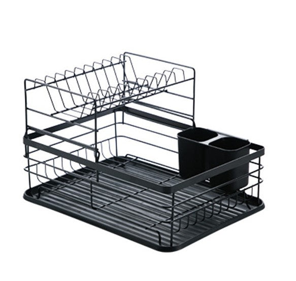 i-emporium Dish Drying Rack 2 Tier with Utensil Holder & Drip Tray Black
