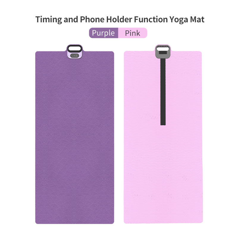 i-emporium TPE Yoga Mat - Exercise Fitness Mat with Timer and Phone Holder - Non-Slip - Purple, Pink