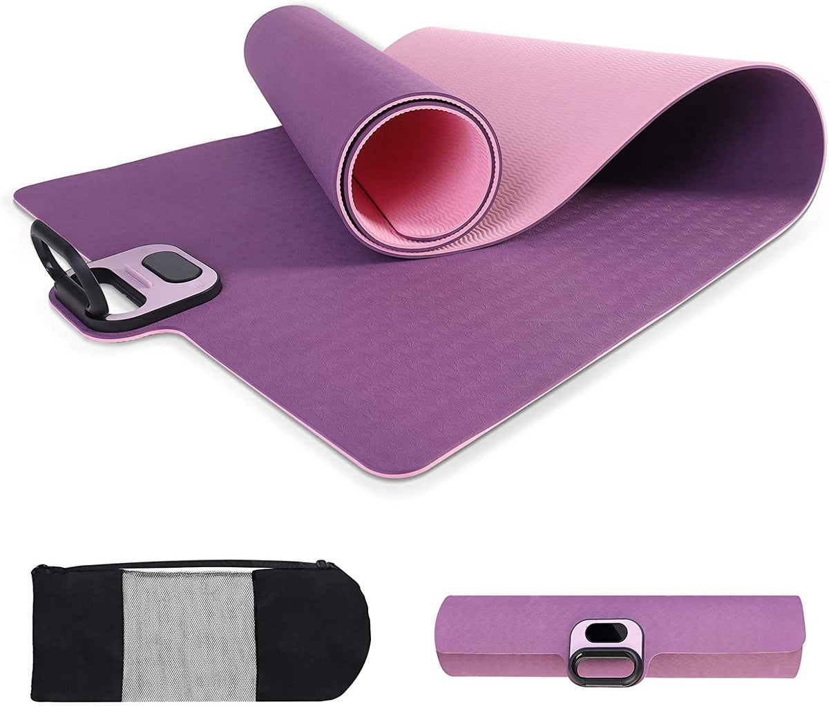 i-emporium TPE Yoga Mat - Exercise Fitness Mat with Timer and Phone Holder - Non-Slip - Purple, Pink