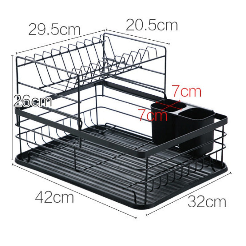 i-emporium Dish Drying Rack 2 Tier with Utensil Holder & Drip Tray Black