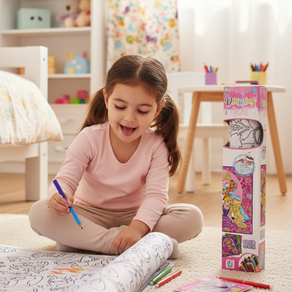 i-Emporium Reusable Princess Coloring Mat Set | Washable Kids Drawing Pad with 12 Markers