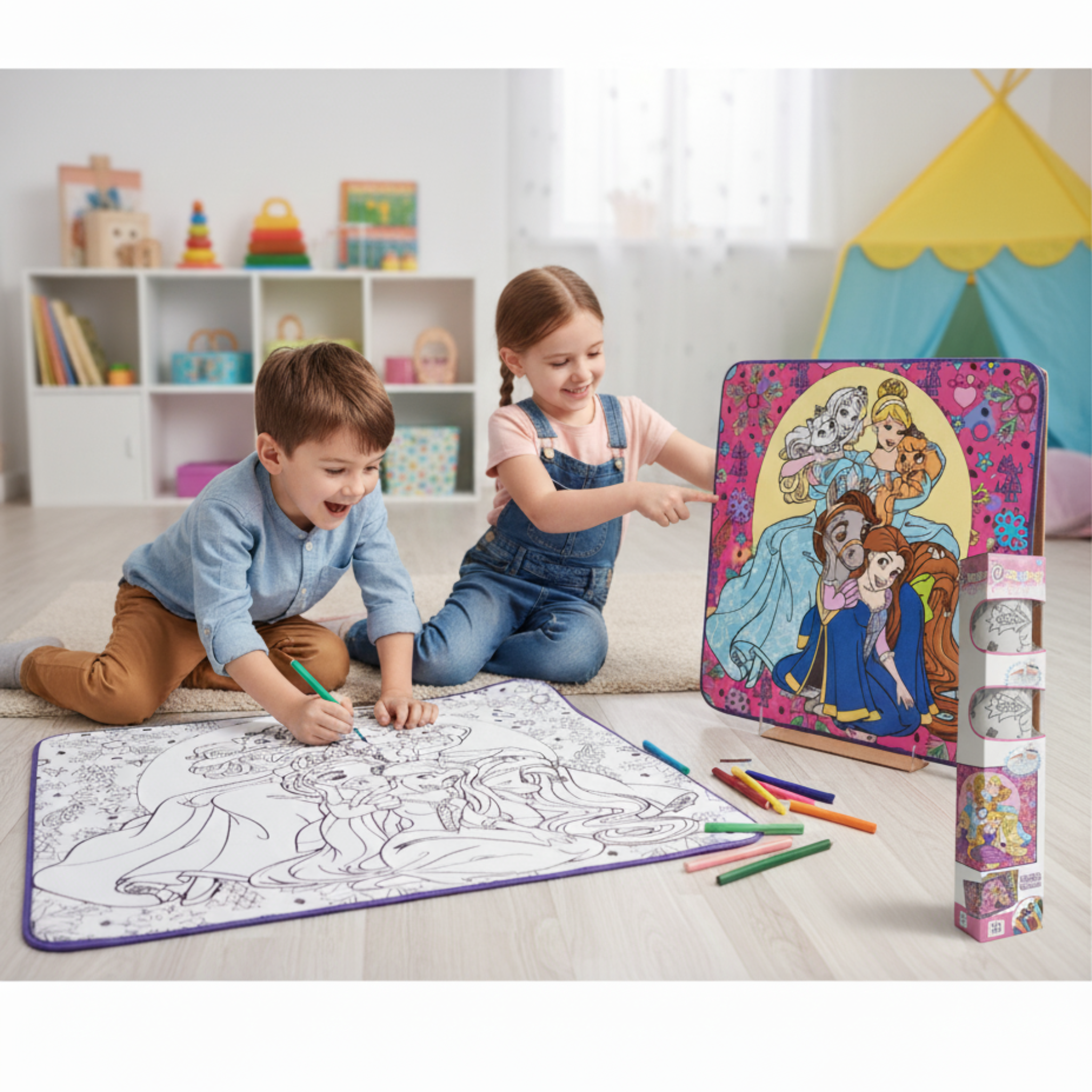 i-Emporium Reusable Princess Coloring Mat Set | Washable Kids Drawing Pad with 12 Markers