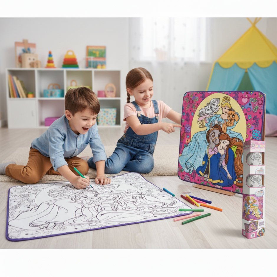 i-Emporium Reusable Princess Coloring Mat Set | Washable Kids Drawing Pad with 12 Markers
