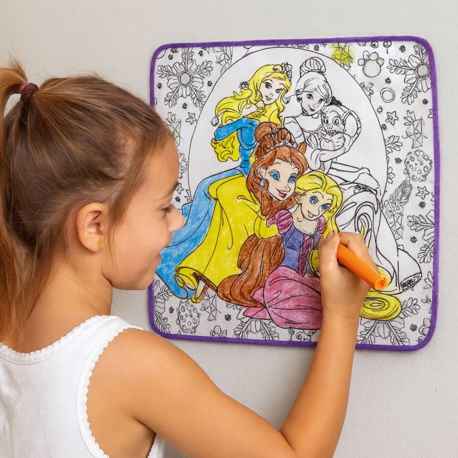i-Emporium Reusable Princess Coloring Mat Set | Washable Kids Drawing Pad with 12 Markers