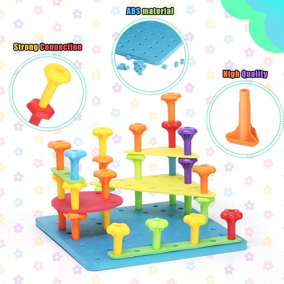 i-emporium Geo Pegs and Peg Board - Educational DIY Stacking Toy (46 pieces)