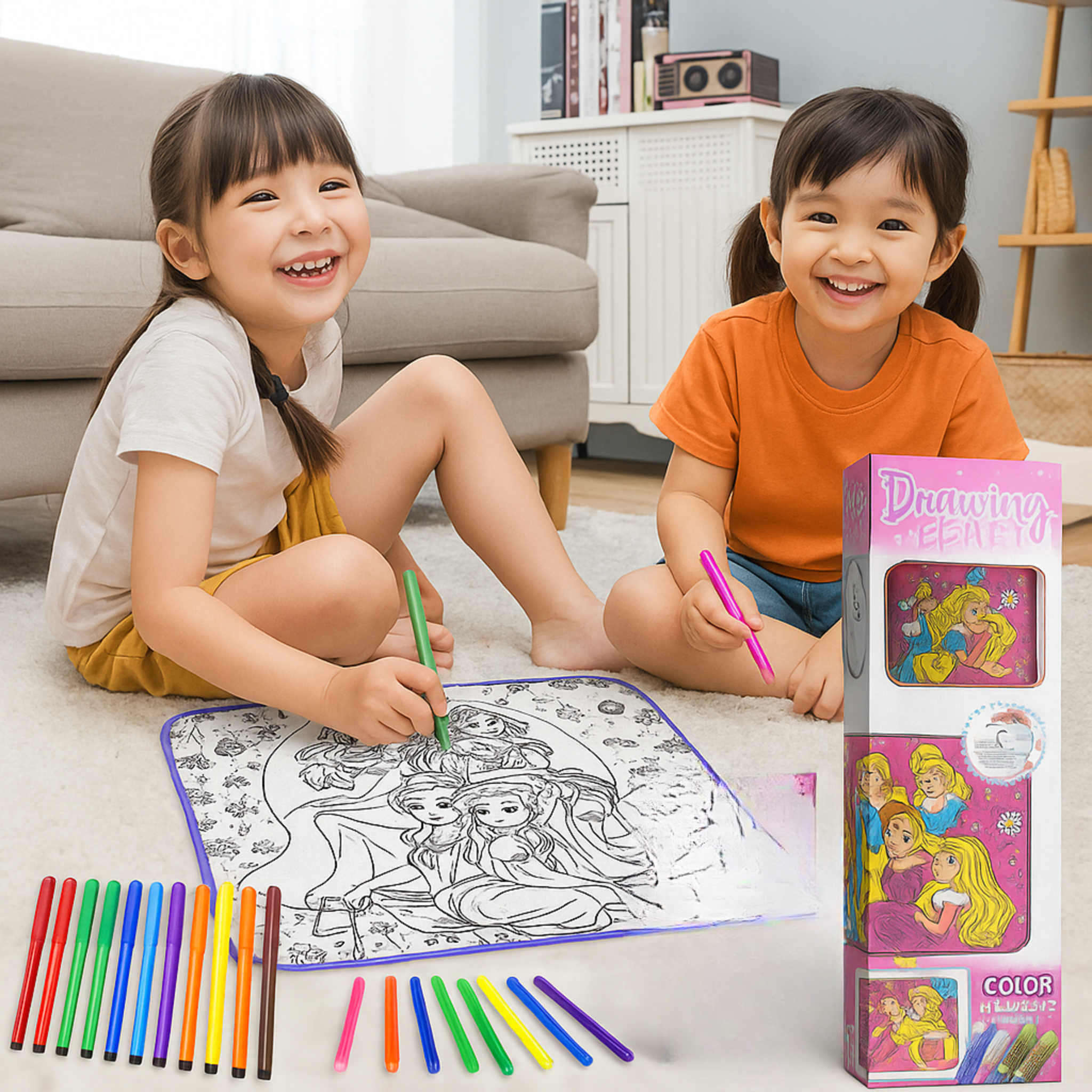 i-Emporium Reusable Princess Coloring Mat Set | Washable Kids Drawing Pad with 12 Markers