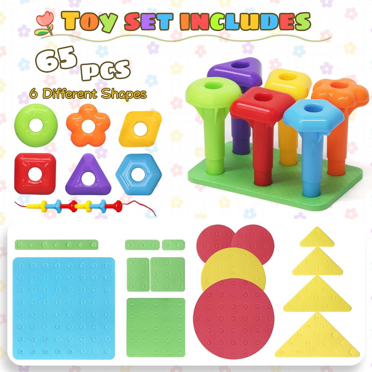 i-emporium Geo Pegs and Peg Board - Educational DIY Stacking Toy (46 pieces)
