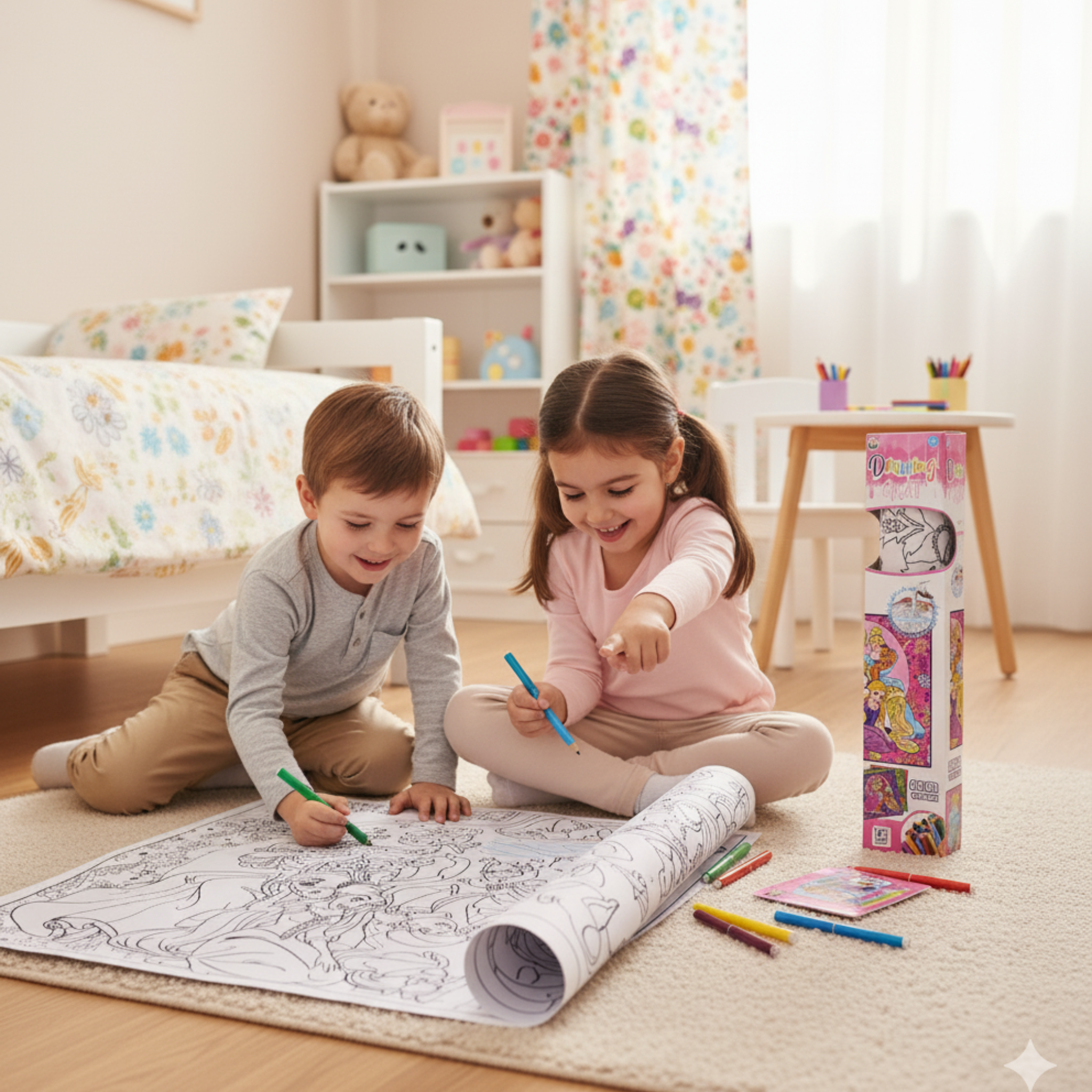 i-Emporium Reusable Princess Coloring Mat Set | Washable Kids Drawing Pad with 12 Markers