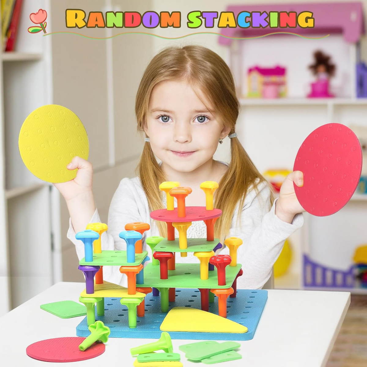 i-emporium Geo Pegs and Peg Board - Educational DIY Stacking Toy (46 pieces)