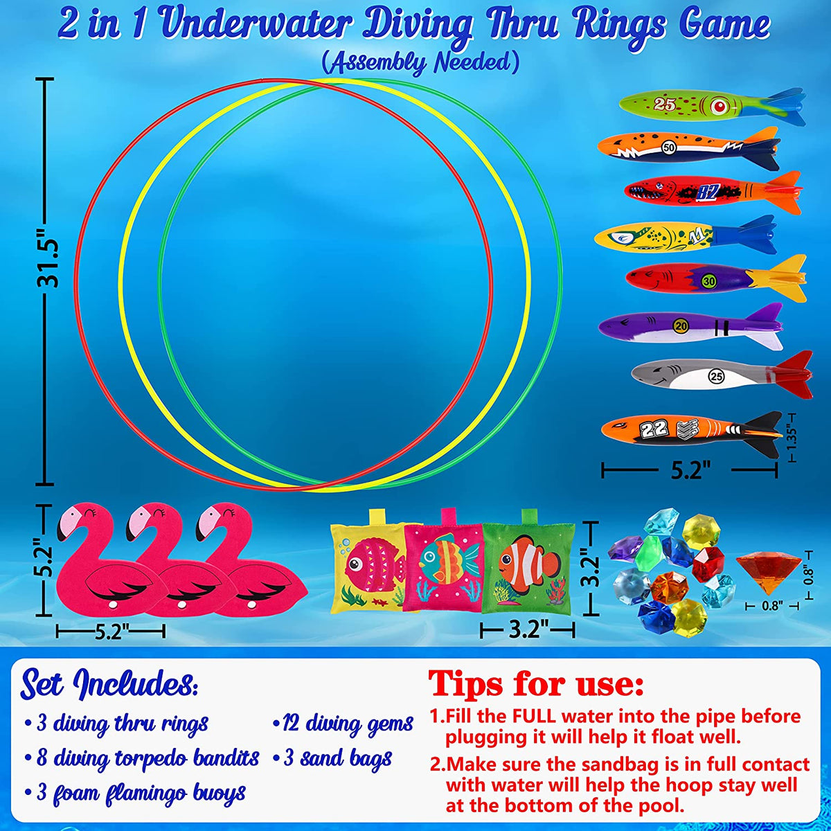 i-emporium Pool Toys - Games - Diving Through Swimming Rings - Kids & Adults