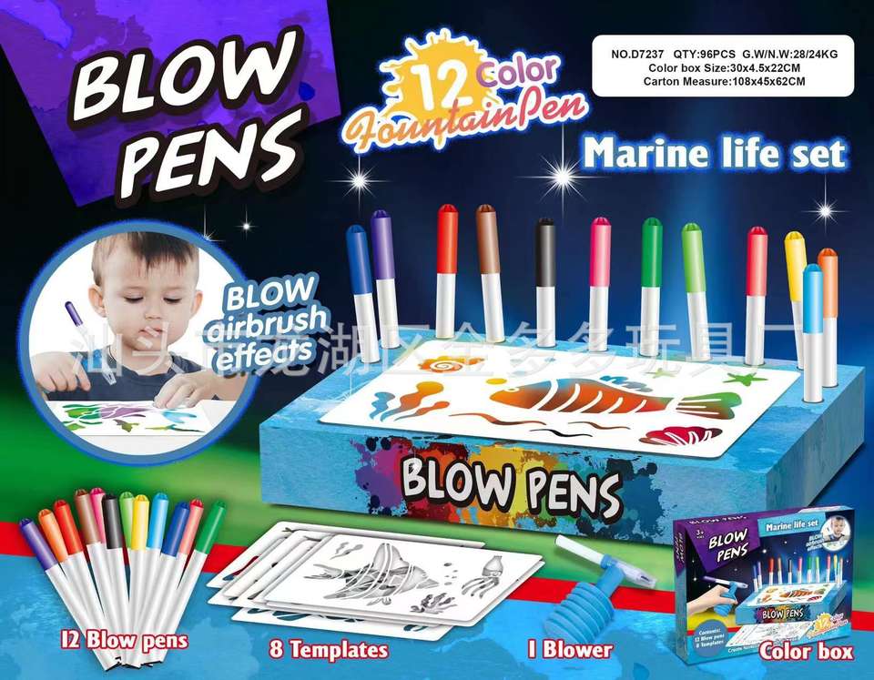 i-emporium Blow Pens Kids Art and Craft Set - Air Brush Markers with Pump and Stencils