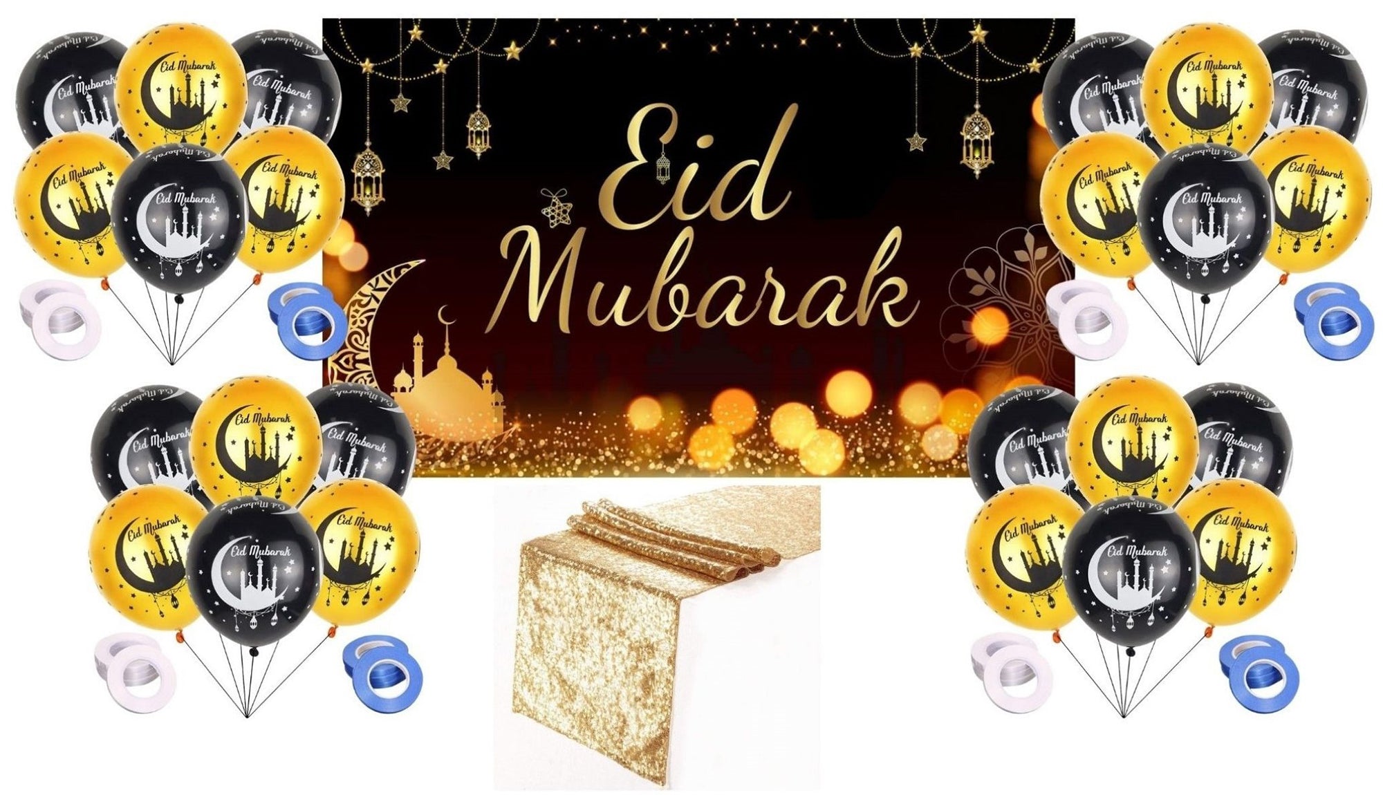 i-emporium Eid Mubarak Decorations - Reusable Vinyl Background - Table Runner | Balloons