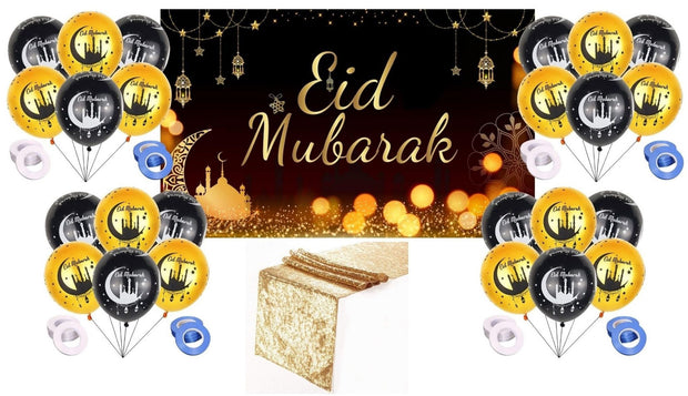 i-emporium Eid Mubarak Decorations - Reusable Vinyl Background - Table Runner | Balloons