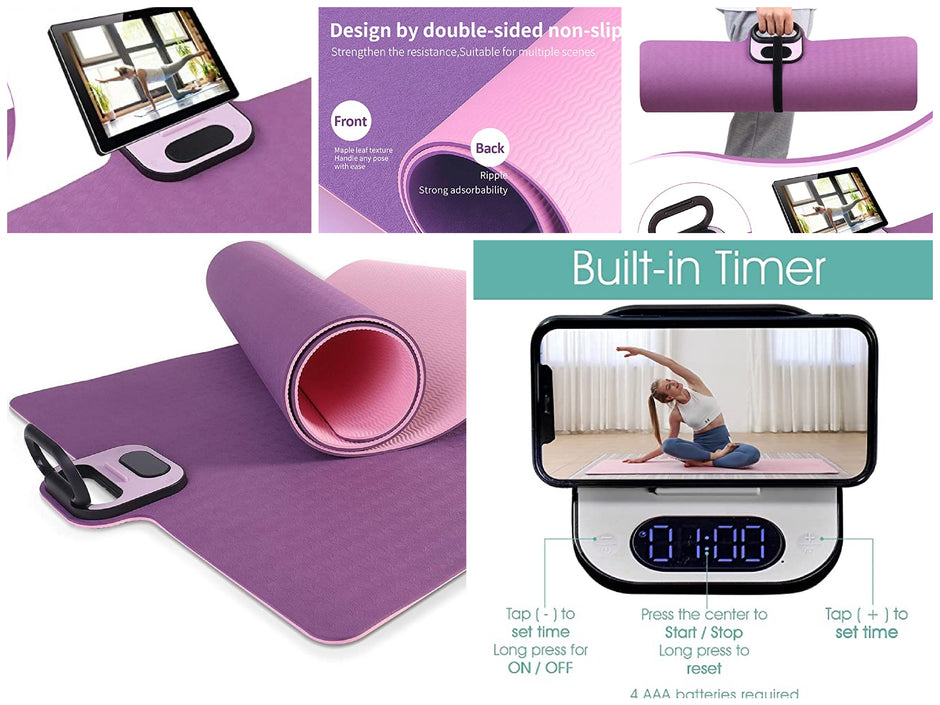 i-emporium TPE Yoga Mat - Exercise Fitness Mat with Timer and Phone Holder - Non-Slip - Purple, Pink