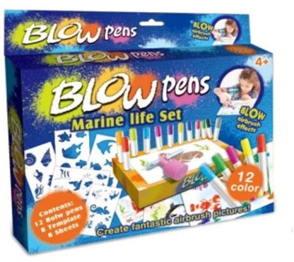 Blow Pens Airbrush Art Set for Kids – 12 Colours & Stencils