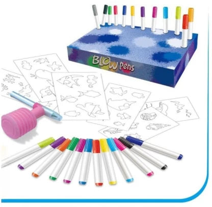 i-emporium Blow Pens Kids Art and Craft Set - Air Brush Markers with Pump and Stencils