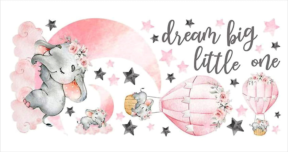 i-emporium 30X90cm | Dream Big Little One Elephant Wall Sticker Decal Pink Moon Hot Air Ball